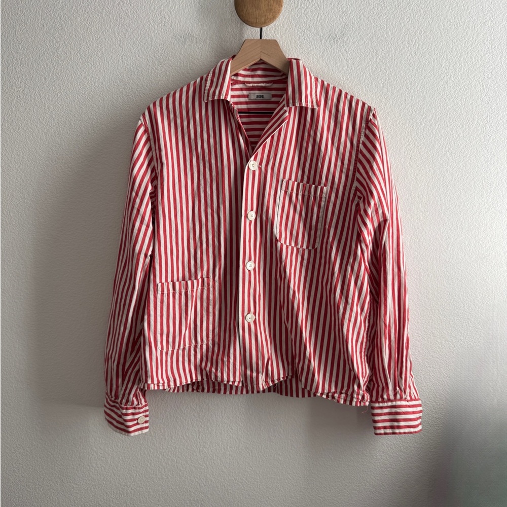 BODE Womens Red Striped Button Down Shirt